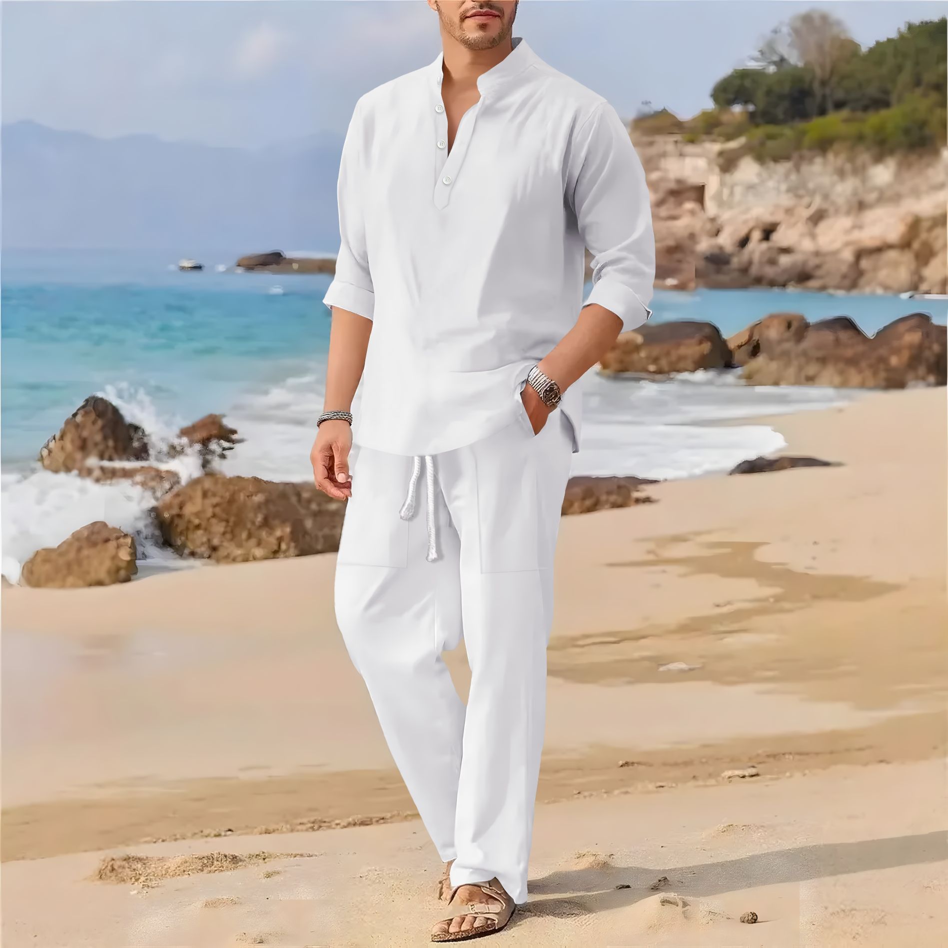 Men's retro cotton and linen s - Linen Fabric Natural recension och pris