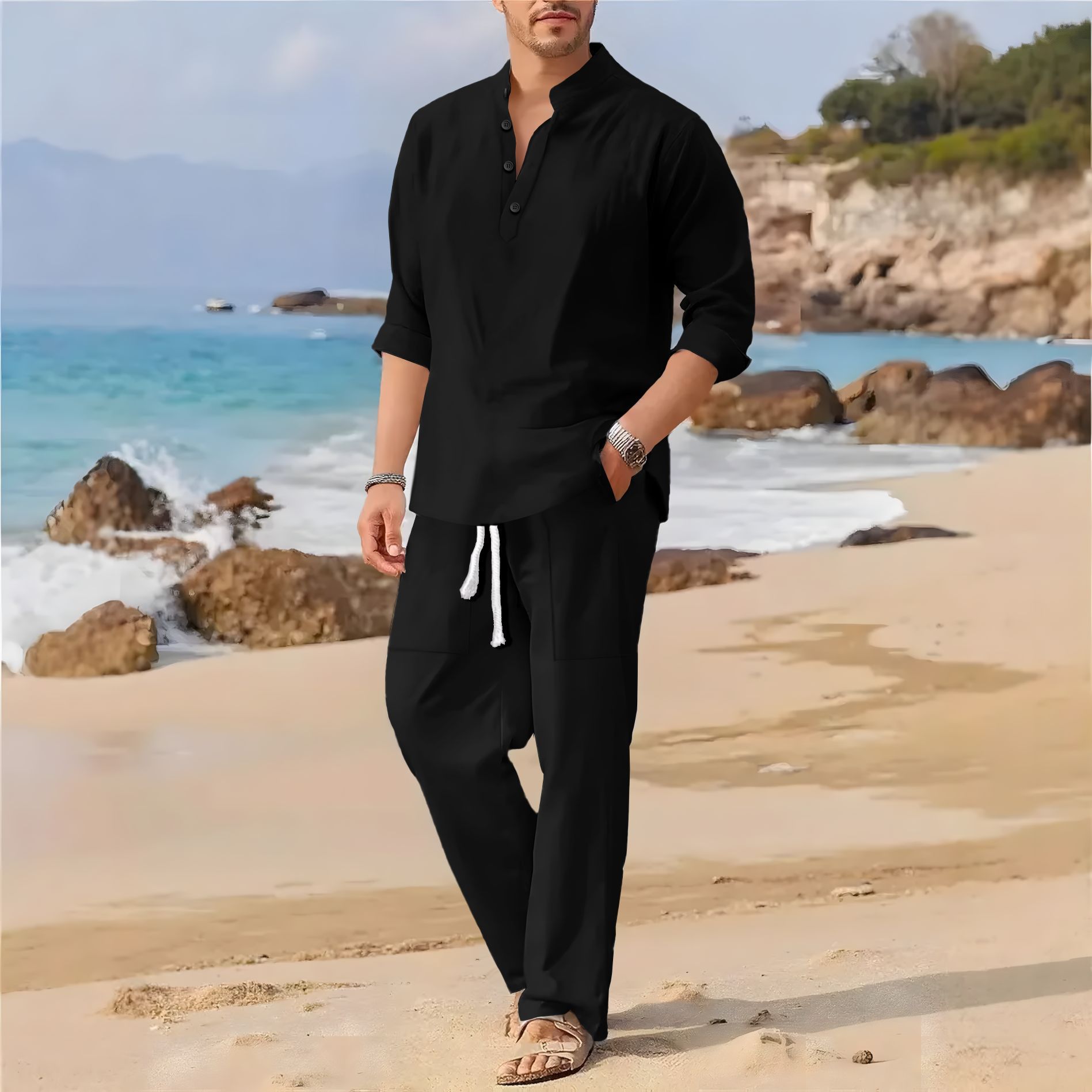 Men's retro cotton and linen s - Linen Fabric Natural recension och pris