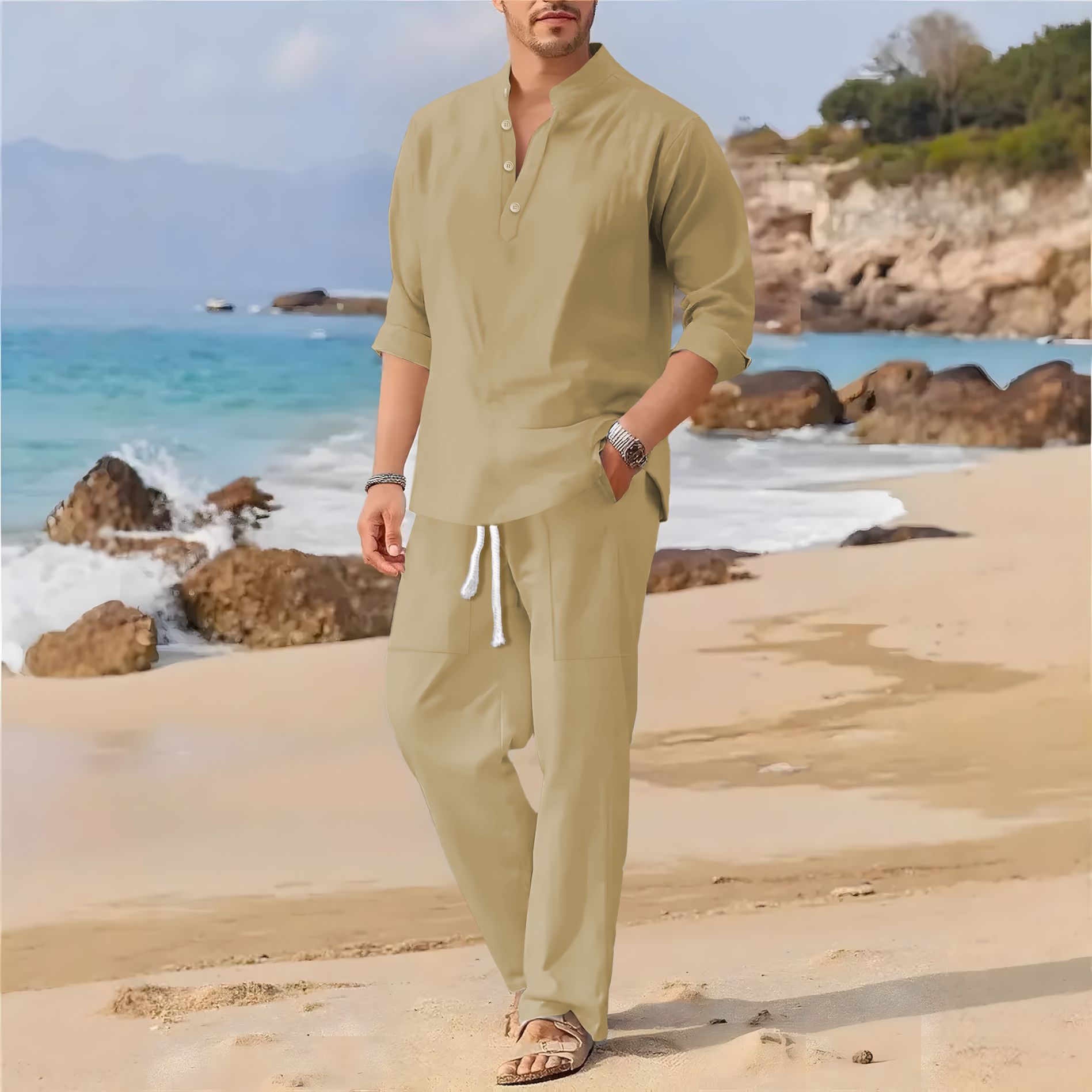 Men's retro cotton and linen s - Linen Fabric Natural recension och pris
